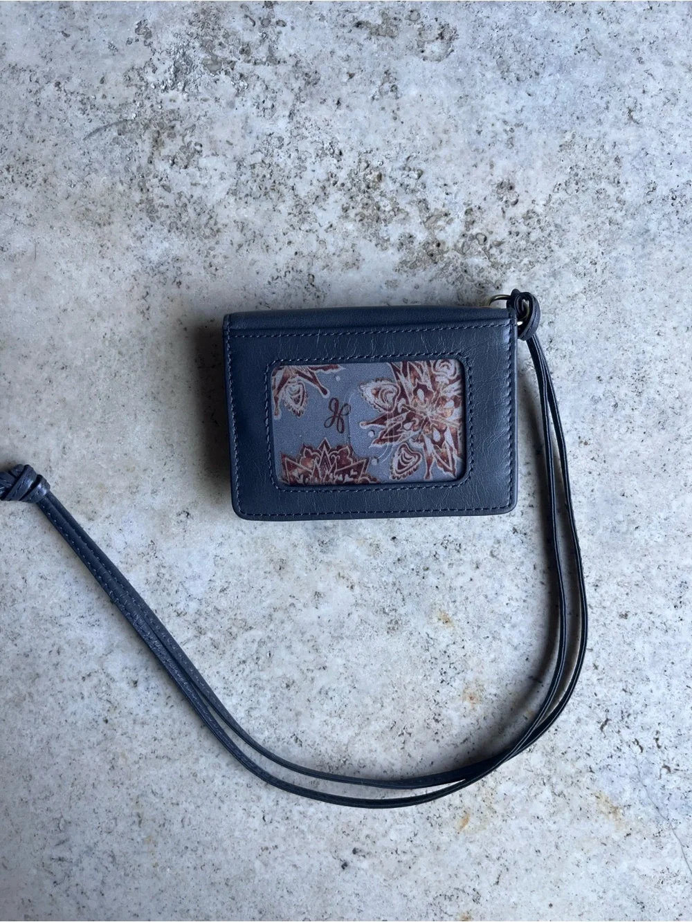 HOBO Navy Leather Badge Holder Lanyard with Floral Lining and Snap Compartment
